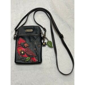 Chala Cell Phone Crossbody Purse Black Vegan Leather Red Cardinal Bird Applique